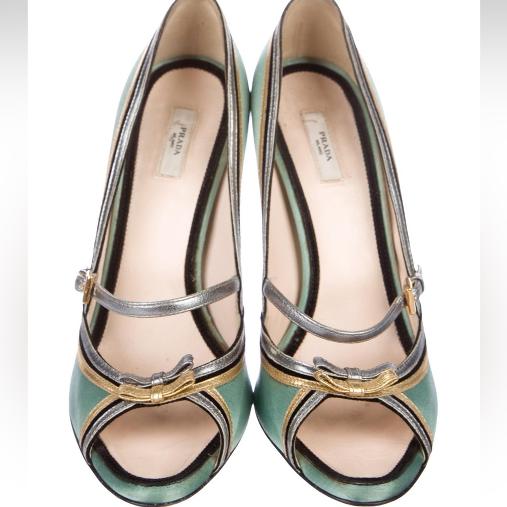 Prada crystal peep-toe pumps with bow accent. Rare color for these model